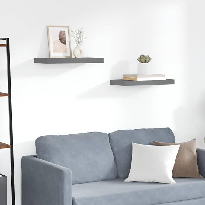 Set of 2 Floating Wall Shelves, Modern High-Gloss Grey Honeycomb MDF Display Shelves for Living Room, Bedroom, and Office, 19.7 x 9.1 Inch Decorative Storage Racks