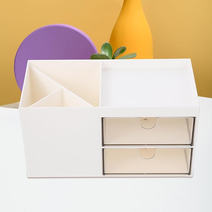 Lurrose Desktop Makeup Organizer Drawer with Multi-grid Plastic Storage Case, Ivory White Vanity Holder for Home and Office Cosmetic and Skincare Accessories