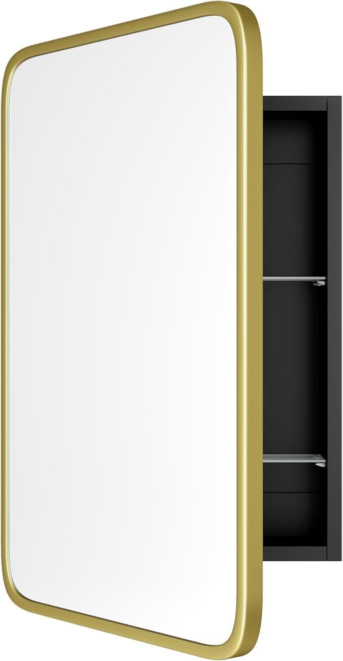 AGDULL Vintage-Style Bathroom Wood Black Cabinet with 16.5''x24'' Brushed Gold Metal Frame Curved Mirror, Recessed Medicine Cabinet, Bathroom Storage Cabinet