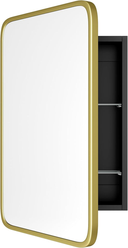 AGDULL Vintage-Style Bathroom Wood Black Cabinet with 16.5''x24'' Brushed Gold Metal Frame Curved Mirror, Recessed Medicine Cabinet, Bathroom Storage Cabinet