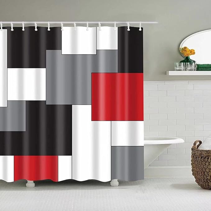 Yizheer 4Pcs Geometric Red Modern Bathroom Shower Curtain Set with 12 Hooks Bath Mat Toilet Cover U Shaped Mat- PEVA Material, 72x72 Inches, Bathroom Curtain for Bathtub (Red)