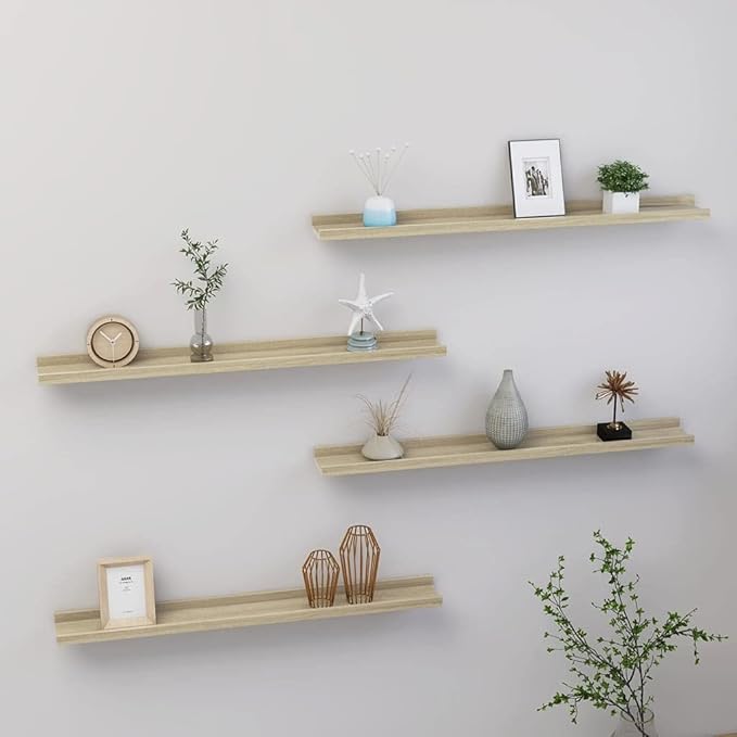 Sonoma Oak Wall Shelves Set of 4, 31.5 inch Floating Shelves for Living Room Bedroom Kitchen, MDF Wood Shelving Display Storage for Books Plants Decor