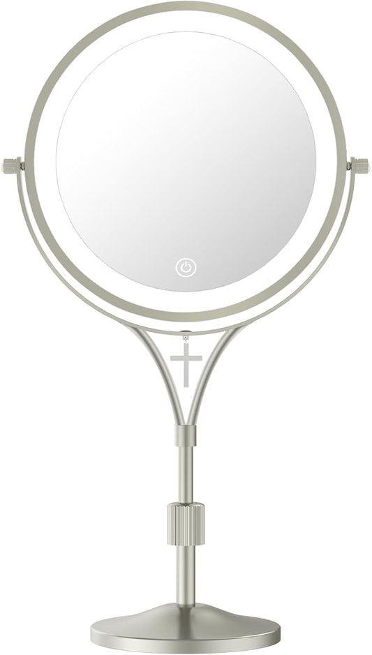 1x/10x Magnifying Mirror with 3 Color Lights and Cross Charm, 7" Lighted Makeup Mirror with Magnification, Height Adjustable Vanity Mirror, Birthday Christian Gifts for Women, Brushed Nickel