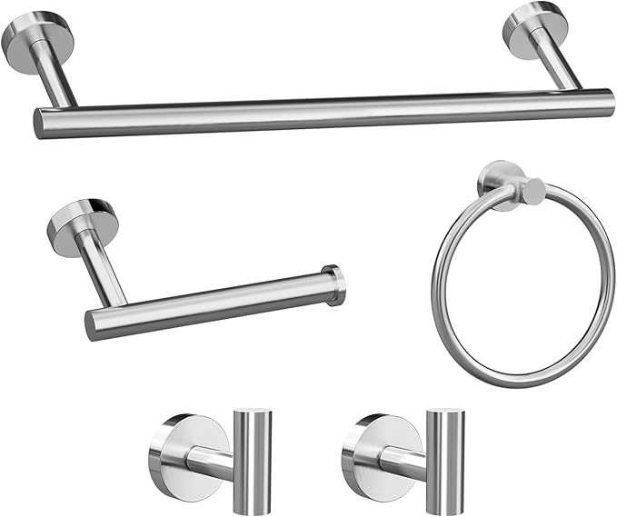 Brushed Nickel Bathroom Accessories Set - 5 Piece Round Stainless Steel Bath Hardware Accessory Including Towel Rack&Toilet Paper Holder&Towel Ring&Robe Towel Hook for Bathroom Wall Mounted.