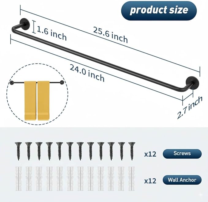 2 Packs Towel Bar 24-Inch Black Stainless Steel, Wall Mounted Bathroom Towel Rack with Mounting Screws, Rustproof