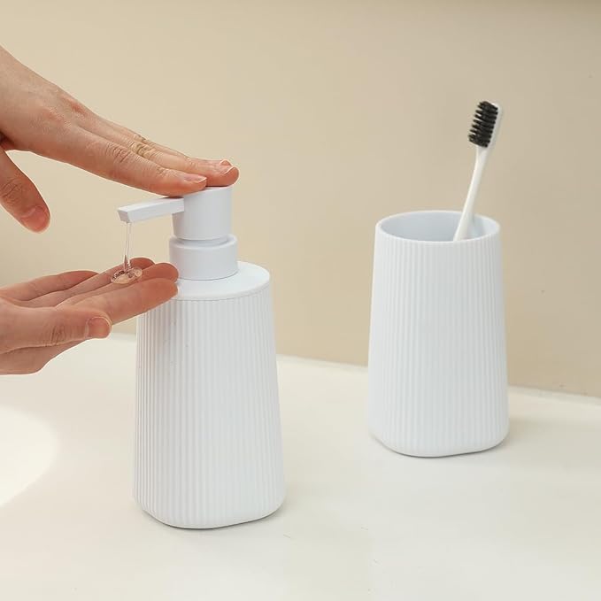 YAUKPH Bathroom Accessories Set 2 Piece Soap Dispenser and Toothbrush Holder for Bathroom Countertop Striped White
