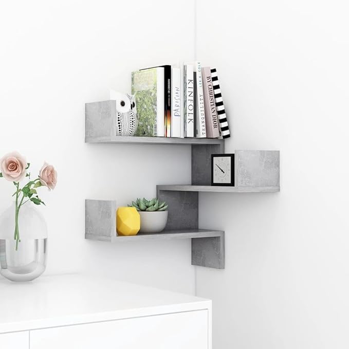 Wall Corner Shelf for Living Room Bedroom Kitchen, Concrete Gray Floating Shelves 15.7x15.7x19.7 Inches, Engineered Wood Corner Display Shelf with 88.2 lb Capacity for Decor Books Plants