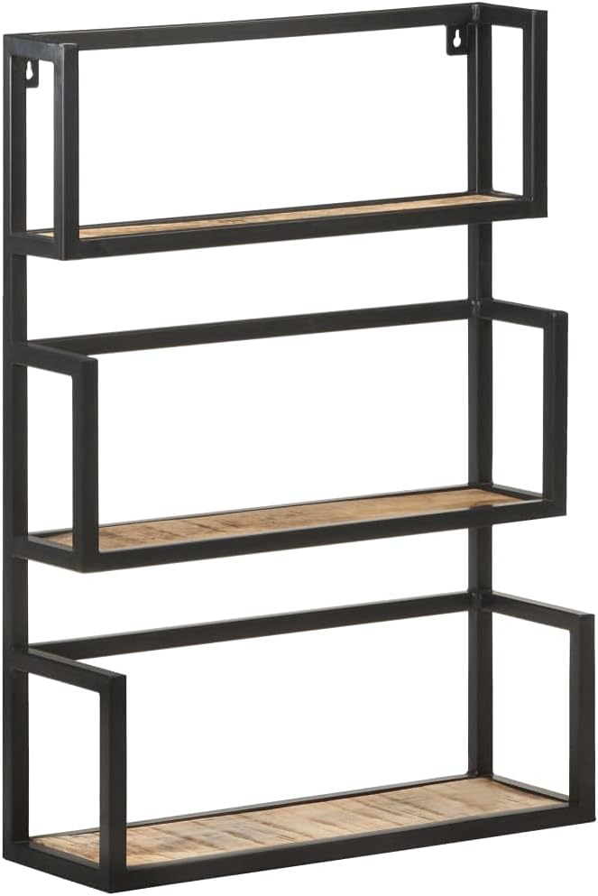 Rustic Wall Shelf with Iron Frame, 3-Tier Mango Wood Floating Shelves 23.6x7.9x33.5 Inches, Natural Wood Grain for Living Room, Bedroom, Bathroom Decor, Sturdy Storage for Books and Plants