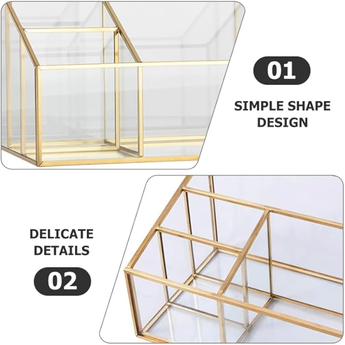 Alipis Glass Makeup Organizer with Gold Trim, Multi-Functional Cosmetic Storage Case for Vanity, Lipstick, Jewelry, Makeup Brush, Eyeliner Holder, 7.67 X 5.70 X 5.11 Inches