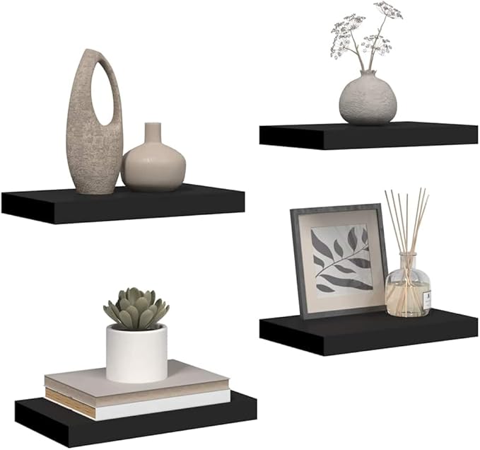 Floating Wall Shelves Set of 4, Modern Black Display Shelves with Invisible Mounting, 15.7x9.1 Inches, Honeycomb MDF for Living Room, Office, Bedroom Decor, Holds 11 lbs Each