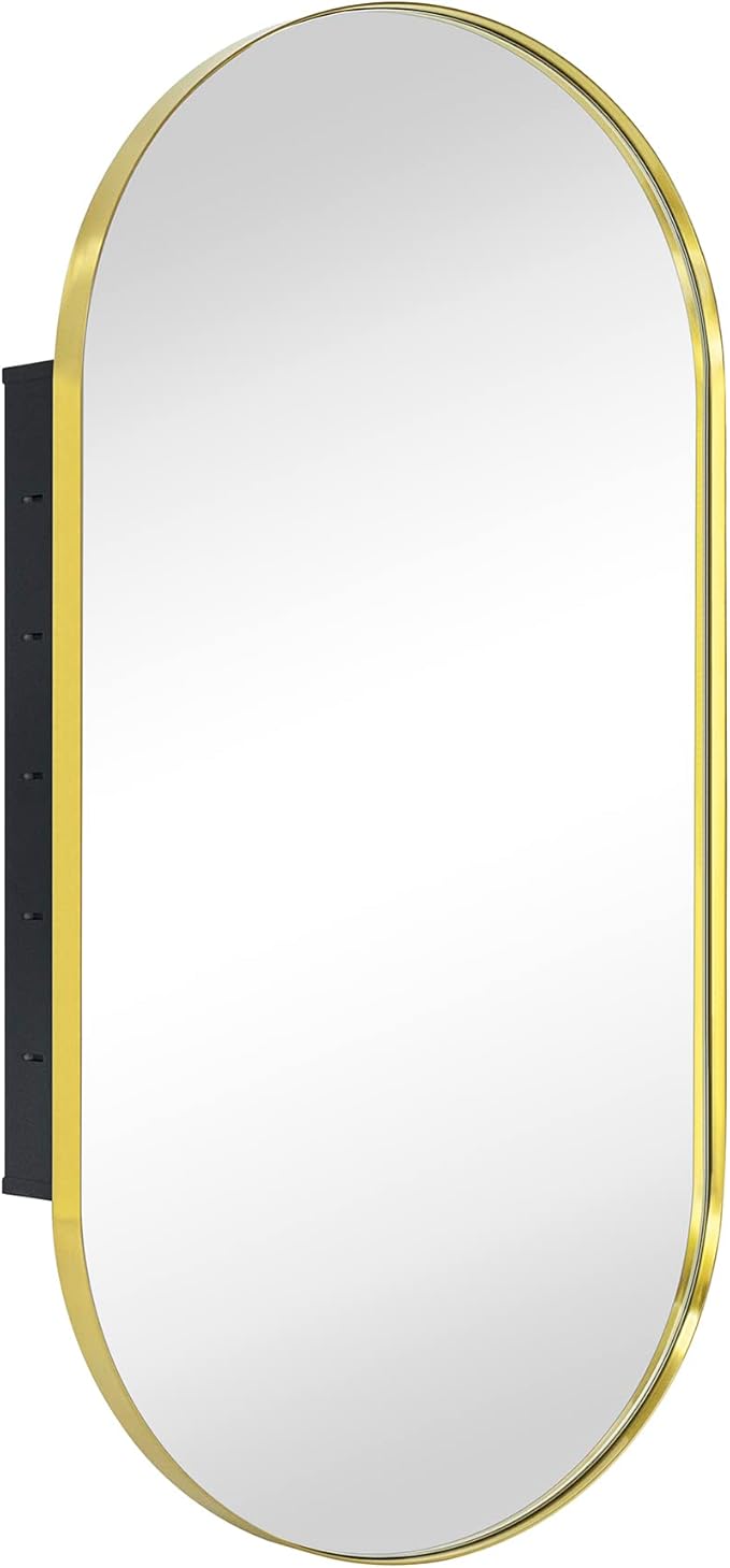 Brushed Gold Oval Recessed Bathroom Medicine Cabinet with Mirror Stainless Steel Metal Framed Oblong Pill Shaped Bathroom Cabinet with Mirror 16x33''