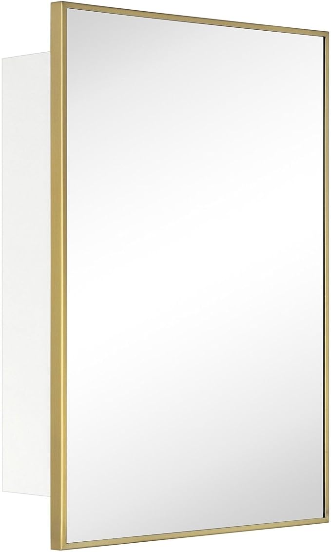 TEHOME 16.5'' x 24'' Brushed Gold Recessed and Surface Mount Bathroom Medicine Cabinet with Mirror Brushed Gold Square Cornered Metal Framed Rounded Rectangle Medicine Cabinet Mirror
