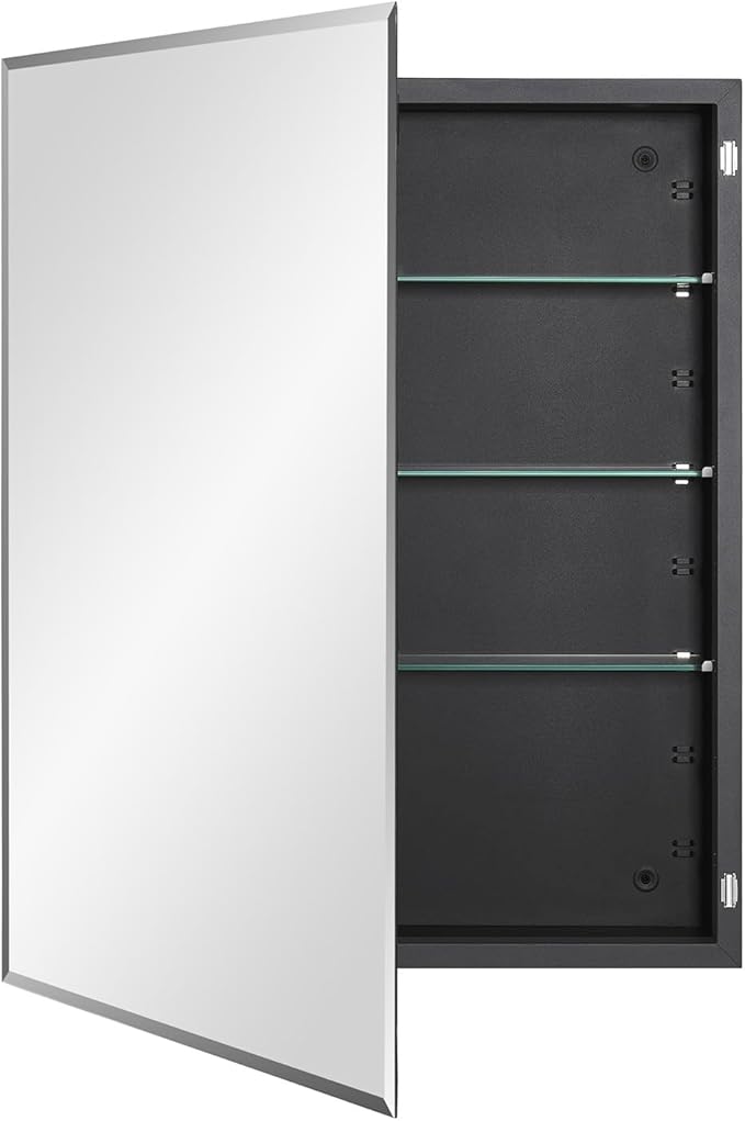 IDYLLOR Black Bathroom Medicine Cabinet with Beveled Edge Mirrored Door 24 x 30 inch, Recessed or Surface Mount, with Adjustable Glass Shelves