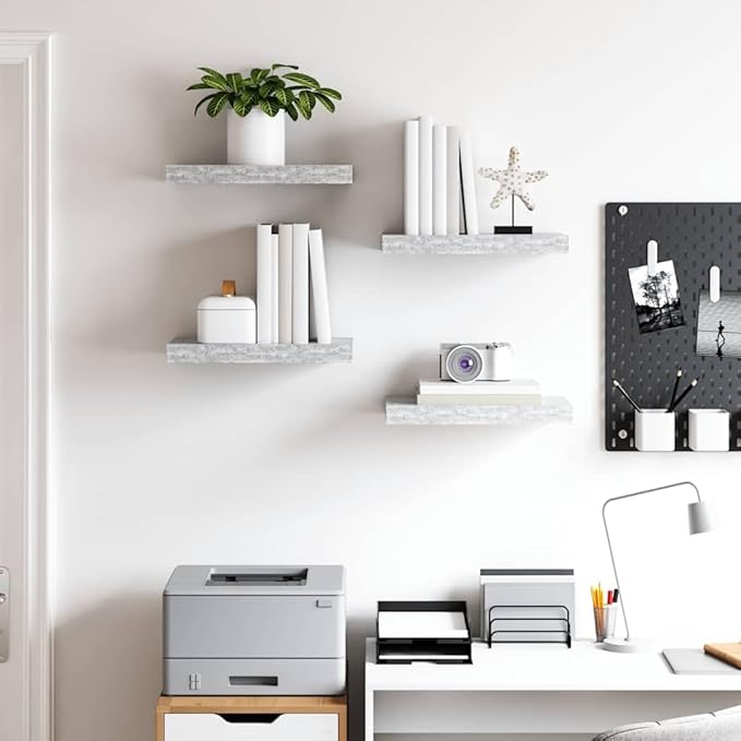 Wall Shelf Set of 4, Modern Concrete Gray Floating Shelves for Wall Decor, MDF Rectangular Display Shelving Unit for Living Room, Office, Bedroom Storage