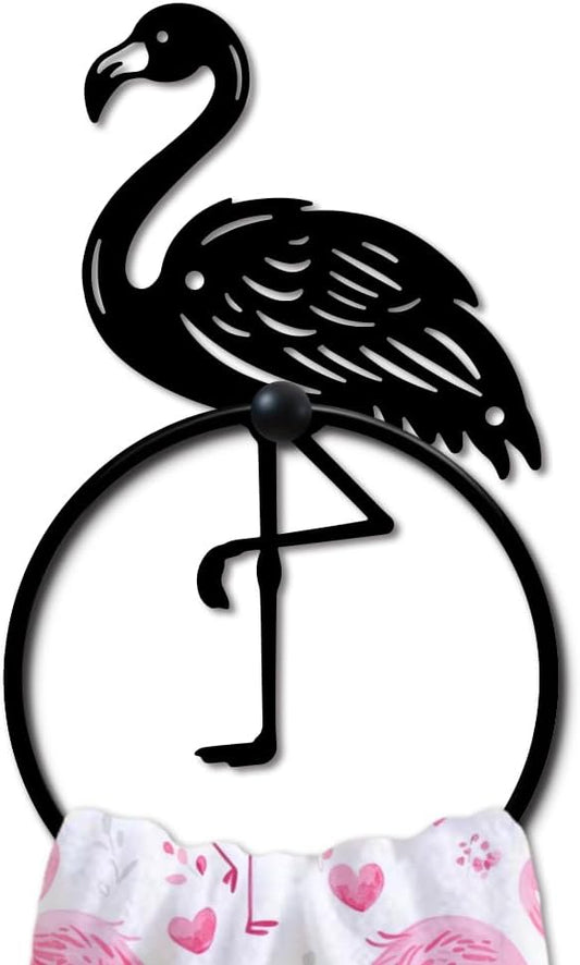 MAYJOYDIY Flamingo Metal Towel Ring Rustic Flamingo Animal Towel Holder for Wall Bath Towel Ring Black Art Towel Rack Wall Mounted for Bathroom Kitchen Towel Hanger Home Decors Gift