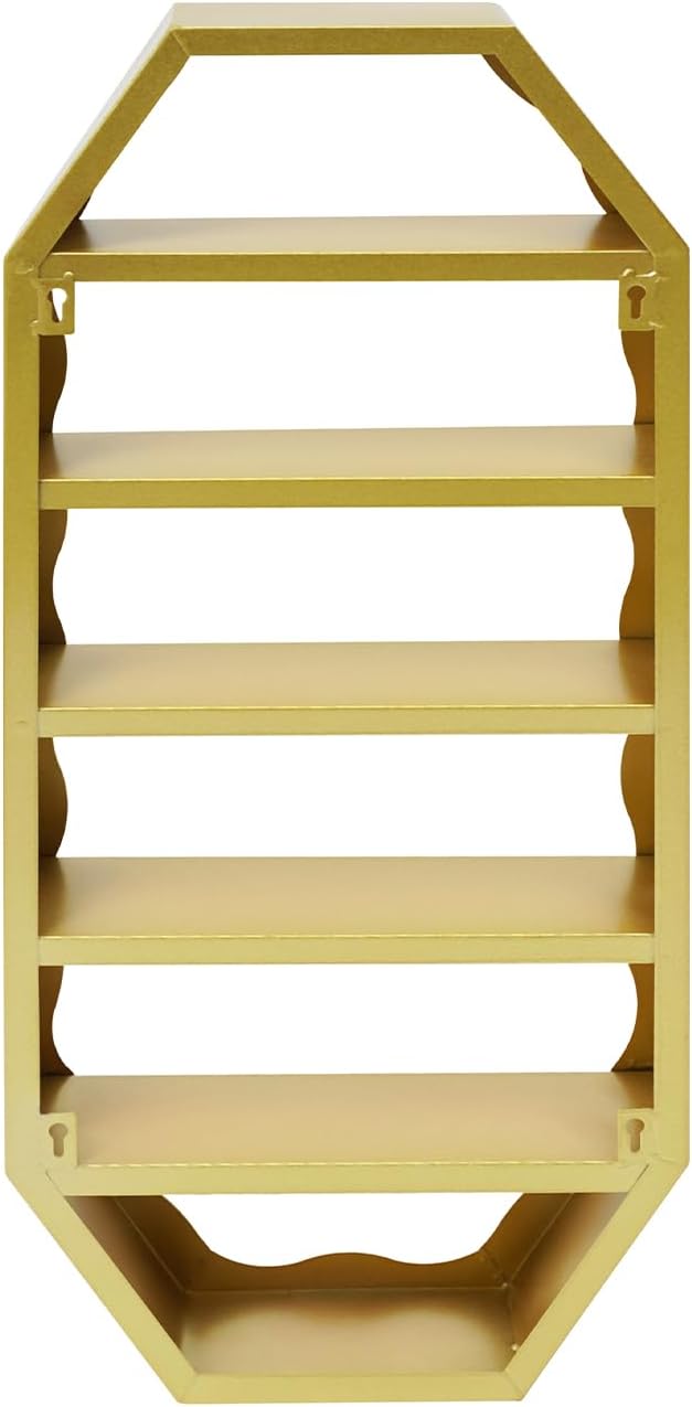 Metal Wall Mounted Nail Polish Storage Racks 3 Pcs, Cosmetic Multi-Tiers Display Case, Lipstick Perfume Essential Oil Organizer Octagonal Floating Shelf for Home Spa Nail Salon Shop (Gold)