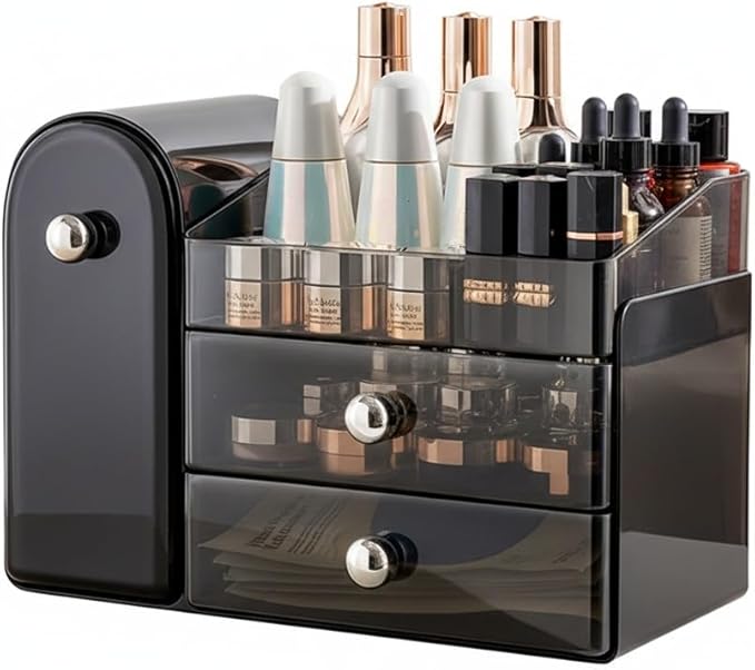 Bird&Fish Makeup Organizer with Sliding Brush Holder, Clear Skincare Organizer with Drawers, Bathroom Countertop Organizer, Sturdy Cosmetic Storage Case for Vanity, Dresser (Black)