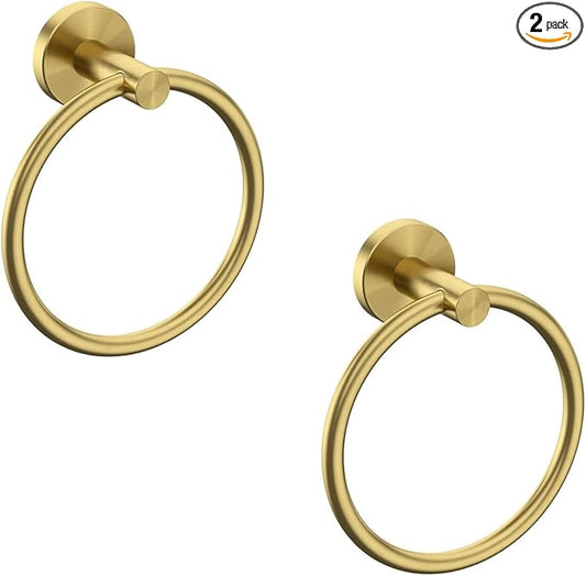 USHOWER 2 Pack Brushed Gold Towel Ring, Hand Towel Holder for Bathroom Wall Mounted, Durable 304 Stainless Steel, Modern Style