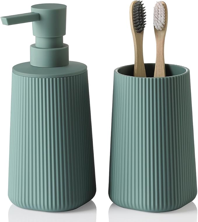 YAUKPH Bathroom Accessories Set 2 Piece Soap Dispenser and Toothbrush Holder for Bathroom Countertop Striped Green
