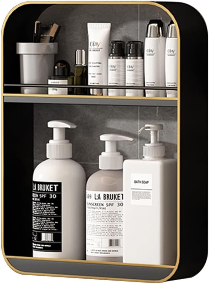Punch- Bathroom Shelf, Wall-Mounted Makeup Organizer, Cosmetic Storage Rack, Multi-Layer Large Capacity, 10kg Load-Bearing,Black a-30 * 40cm