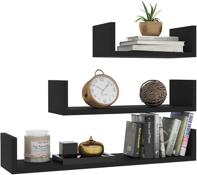Set of 3 Wall Mounted Floating Shelves, Black Engineered Wood Display Ledge for Living Room, Bedroom, and Kitchen, Modern Decorative Storage Units