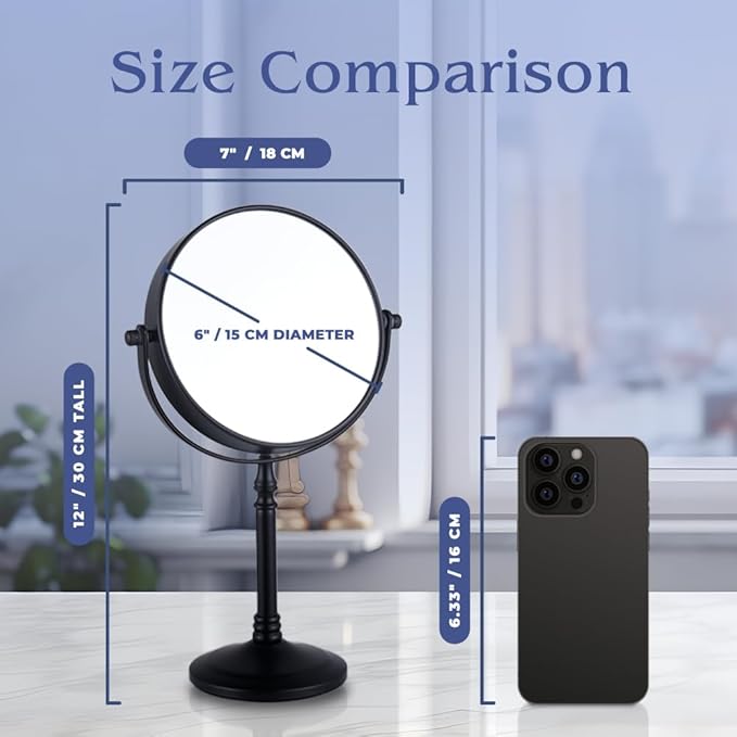 20X Magnified Makeup Mirror with Stand - Double Sided 20x and 1x Cosmetic Mirror for Make Up Desk, Dressing Table, Bathroom Countertop - 6" Wide & 12" Tall (Black)