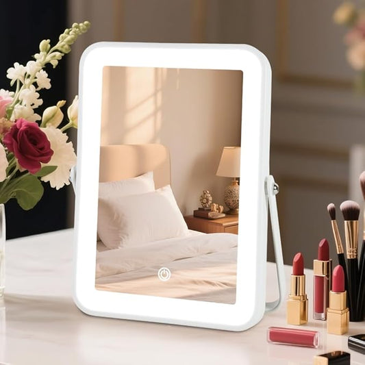 Rechargeable LED Vanity Mirror with Lights, 10"x7" Small Lighted Makeup Mirror, Portable Travel Desk Mirror, 3-Color Lighting, for Dorm, Bedroom, Gifts for Women
