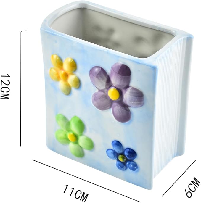 Ceramic Book Shaped Flower Pattern Cosmetic Storage Box, Desktop Organizers Make Up Brush Storage Stand Desktop Storage Box for Brush, Painting Brush (Light Purple)