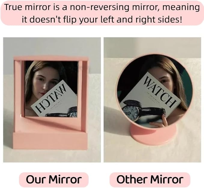 Non-Reversing Mirror with Real Image Reflection - Beveled Standing Cosmetic Inverted Mirror for Makeup, Hair Styling, Grooming, Facial Correction