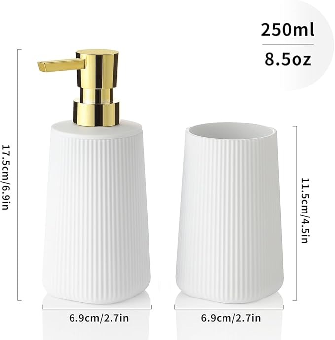 YAUKPH Bathroom Accessories Set 2 Piece Soap Dispenser and Toothbrush Holder for Bathroom Countertop Striped White and Gold