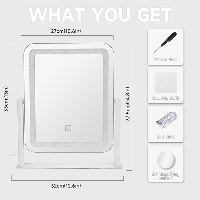 Vanity Mirror with Lights, 14.8x12.6 Inch White LED Makeup Mirror, 3-Color Dimmable LED Smart Touch Screen, 5X Magnification & 360° Rotation, Large Tabletop Makeup Mirror for Bedroom