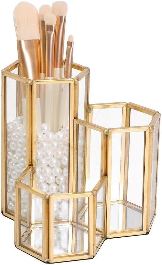 K COOL Decorative Makeup Brush Holder Pen Pencil Holder for Desk Organizer Gold Glass Cosmetic Display Cases Pot for Women Girls