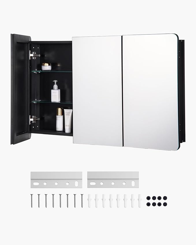 VEVOR Medicine Cabinet, 25.5 x 40 inch, Medicine Cabinet for Bathroom with Mirror, Aluminum Frame Bathroom Wall Cabinet, 4-Layer Adjustable Shelves, Recessed & Wall-Mounted Installation