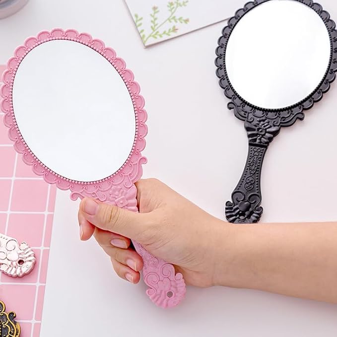 AKOAK Vintage Handheld Makeup Mirror, Exquisite Embossed Decorative Handle Makeup Mirror Portable Travel Mirror for Girls and Ladies (Oval, Pink)