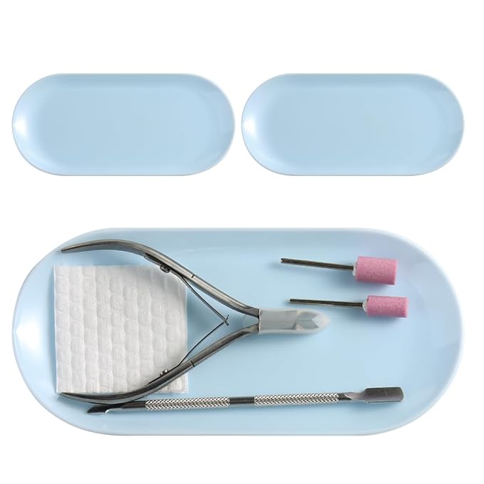 3Pcs Manicure Tools Storage Tray, Oval Plastic Storage Dish Nail Art Accessory Display Trays, Jewelry Rhinestone Organizer Plate, Makeup Cosmetic Nail Decorations Storages Plate（Blue）