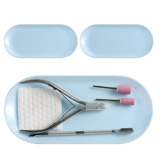 3Pcs Manicure Tools Storage Tray, Oval Plastic Storage Dish Nail Art Accessory Display Trays, Jewelry Rhinestone Organizer Plate, Makeup Cosmetic Nail Decorations Storages Plate（Blue）