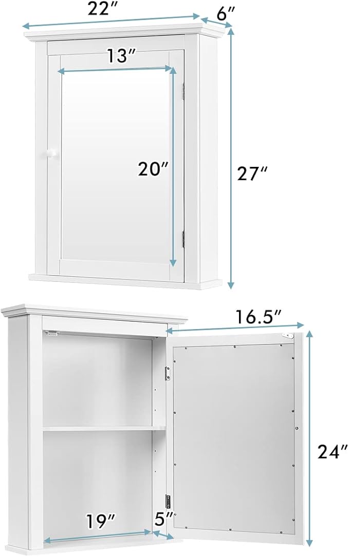 Tangkula Bathroom Cabinet with Mirror, Mirrored Wall-Mounted Storage Medicine Cabinet w/Single Door & Adjustable Shelf in 5 Positions, Multipurpose Wall Cabinet for Bathroom (White)