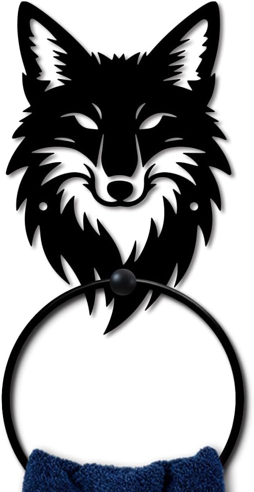 MAYJOYDIY Fox Head Metal Towel Ring Round Animal Hand Towel Holder Ring Hanger Wall Mount Black Vintage Towels Wall Organizer for Kitchen Bath Home Laundry Room Decors Gifts