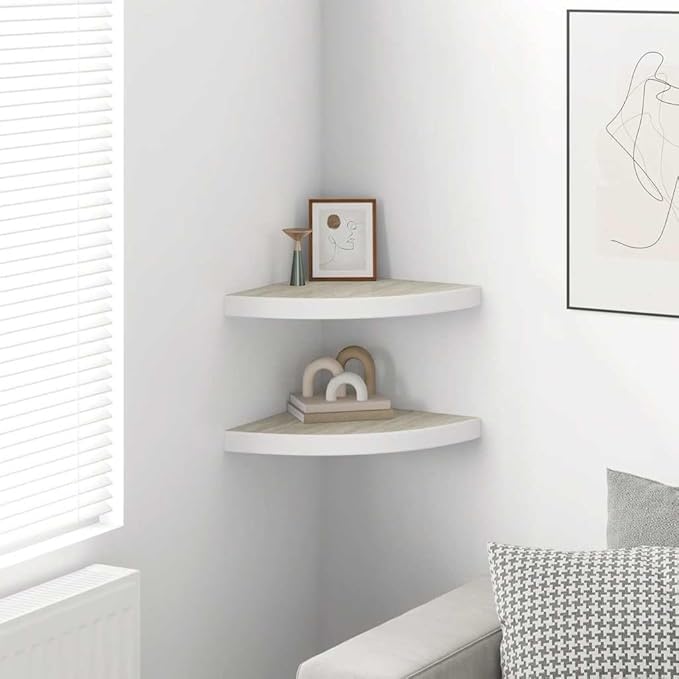 Wall Corner Shelves Set of 2, Floating Triangular Oak and White Shelving Unit for Bedroom, Living Room, and Office, Decorative MDF Storage Display Rack