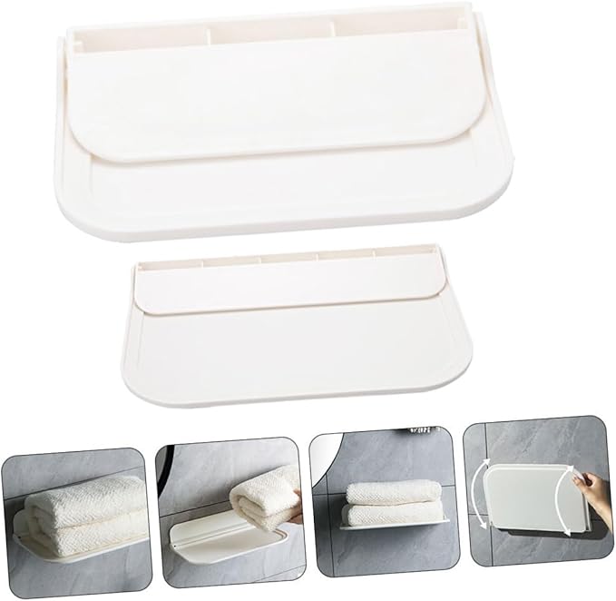 NUOBESTY 2pcs Foldable Wall-Mounted Bathroom Shelves Space-Saving PP Storage Racks for Towels Soap and Toiletries Organization with Compact Folding Design
