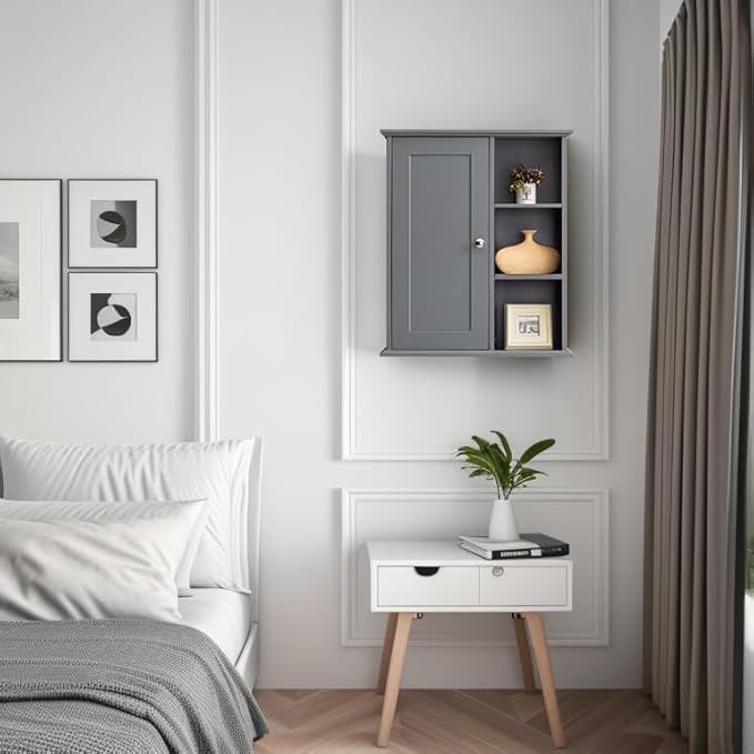 The Wide Usage Wall Medicine Cabinet with Storage Shelves & Anti-Dust Door for Bathroom, Living Room, Kitchen, Entryway,Bedroom (Gray)