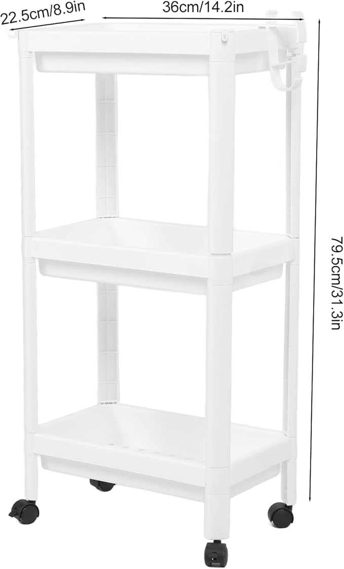 Narrow Freestanding Bathroom Shelf, Space Saving Storage Rack White Laundry Shelf for Bathroom Laundry Room Kitchen Bedroom Compact Areas (3 Layers (with Wheels))