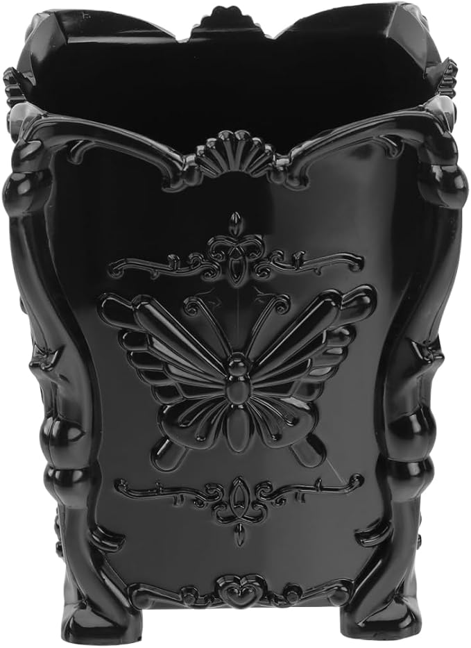 Operitacx Black Acrylic Makeup Brush Holder Cup with Butterfly Carved Design Cosmetic Organizer for Vanity Desktop Storage 3.93X3.14X3.14 Inch