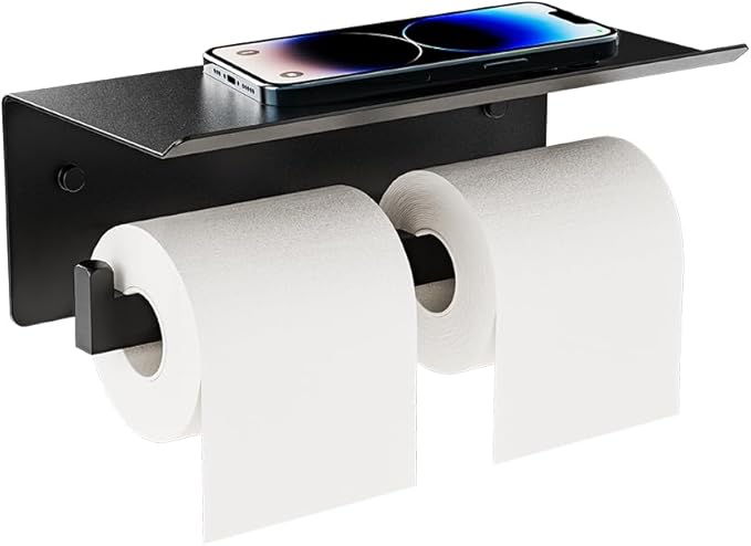 Double Toilet Paper Holder with Shelf, FreshGlow Tissue Holder Matte Black, Wall Mount Commercial Toilet Paper Dispenser Phone Shelf Stainless Steel, Tissue Roll for Bathroom