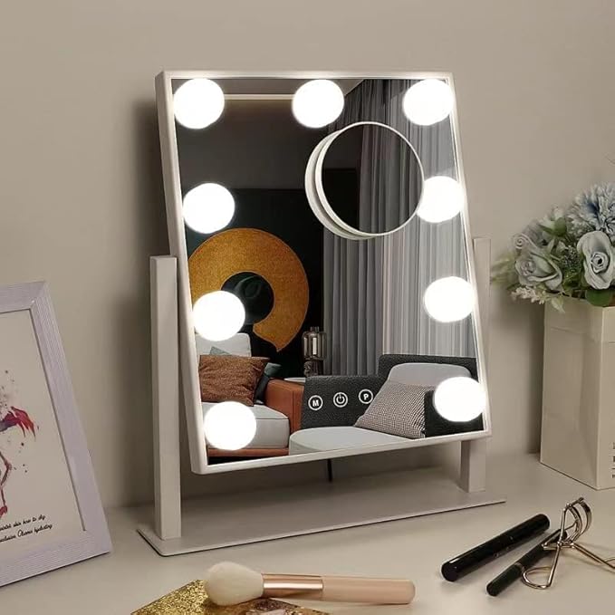 IMEASY Vanity Mirror with Lights，Hollywood Lighted Makeup Mirror with 3 Color Modes and 9 Dimmable Diamond LED Light Bulbs Detachable 10X Magnification 360° Rotation Touch Control