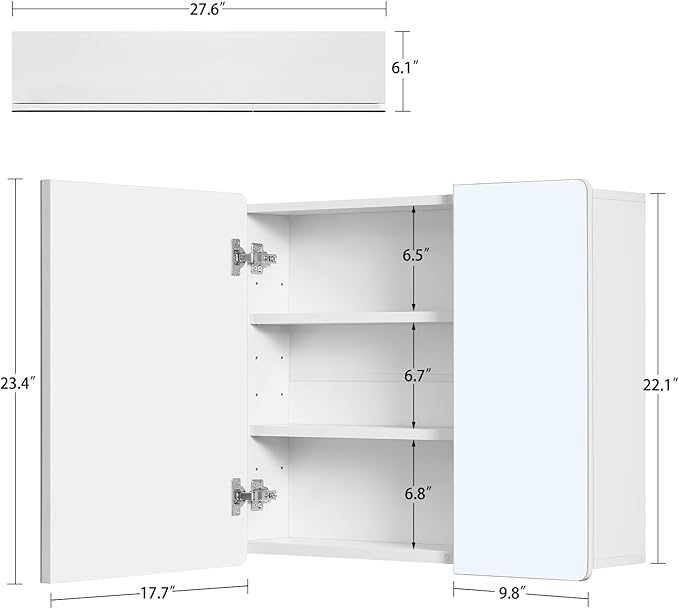 TEENFON Medicine Cabinet Mirror with 2 Doors, Mount or Recessed Bathroom Wall Cabinet, Bathroom Mirror with Storage 3 Adjustable Shelves, White, 27.6 x 22.1 inch