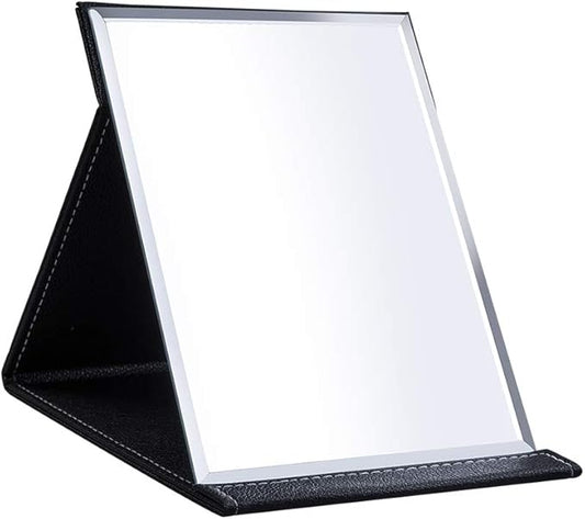 LONGSHENG - SINCE 2001 - Protable PU Leather Mirror Folding Desktop Makeup Mirror with Adjustable Stand for Personal Use,Travelling (M, Black)