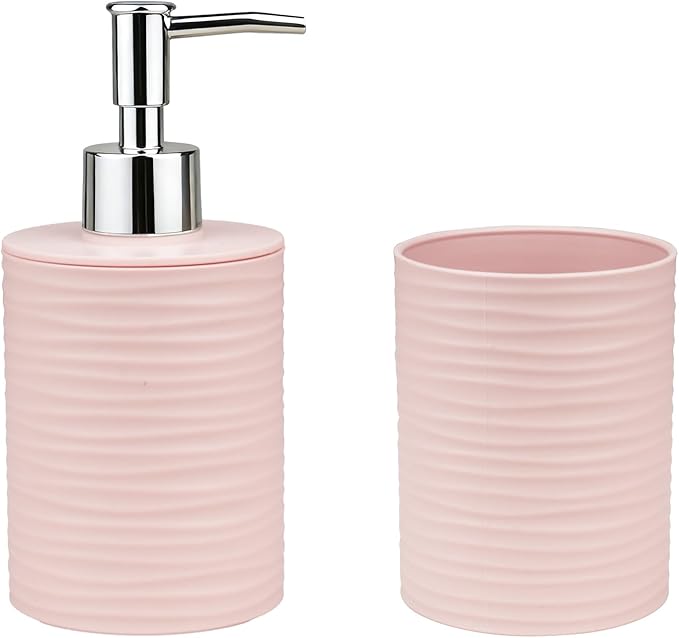 Bathroom Accessories Set, 2-Piece Pink Soap Dispenser & Toothbrush Holder with Ripple Texture & Rust-Proof Pump, Modern Matte Organization