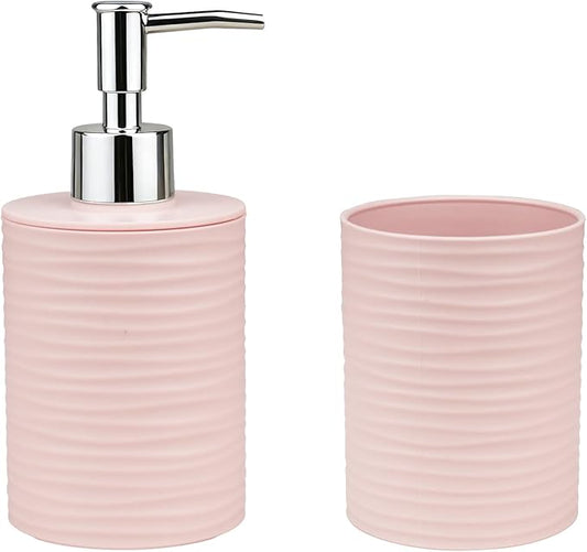 Bathroom Accessories Set, 2-Piece Pink Soap Dispenser & Toothbrush Holder with Ripple Texture & Rust-Proof Pump, Modern Matte Organization