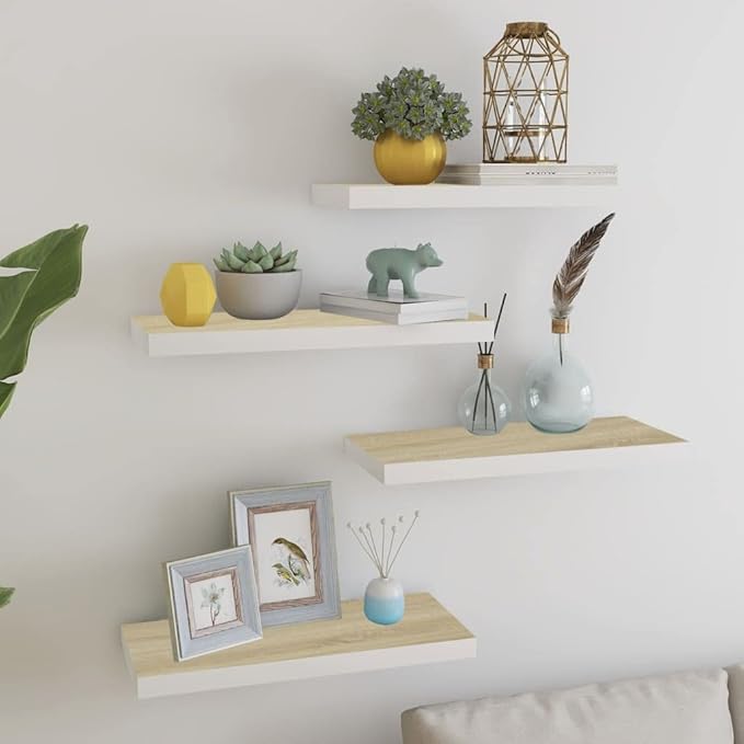 Floating Wall Shelves 4 Pack Oak White Modern Invisible Mounting System 23.6x9.3x1.5 Inches MDF Wood Display Rack for Living Room Bedroom Decor